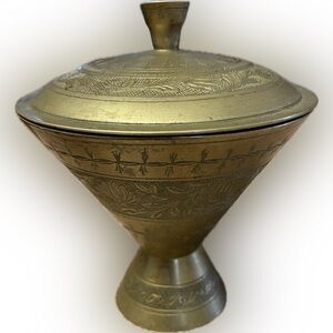 Brass Etched Bowl Dish Urn Covered